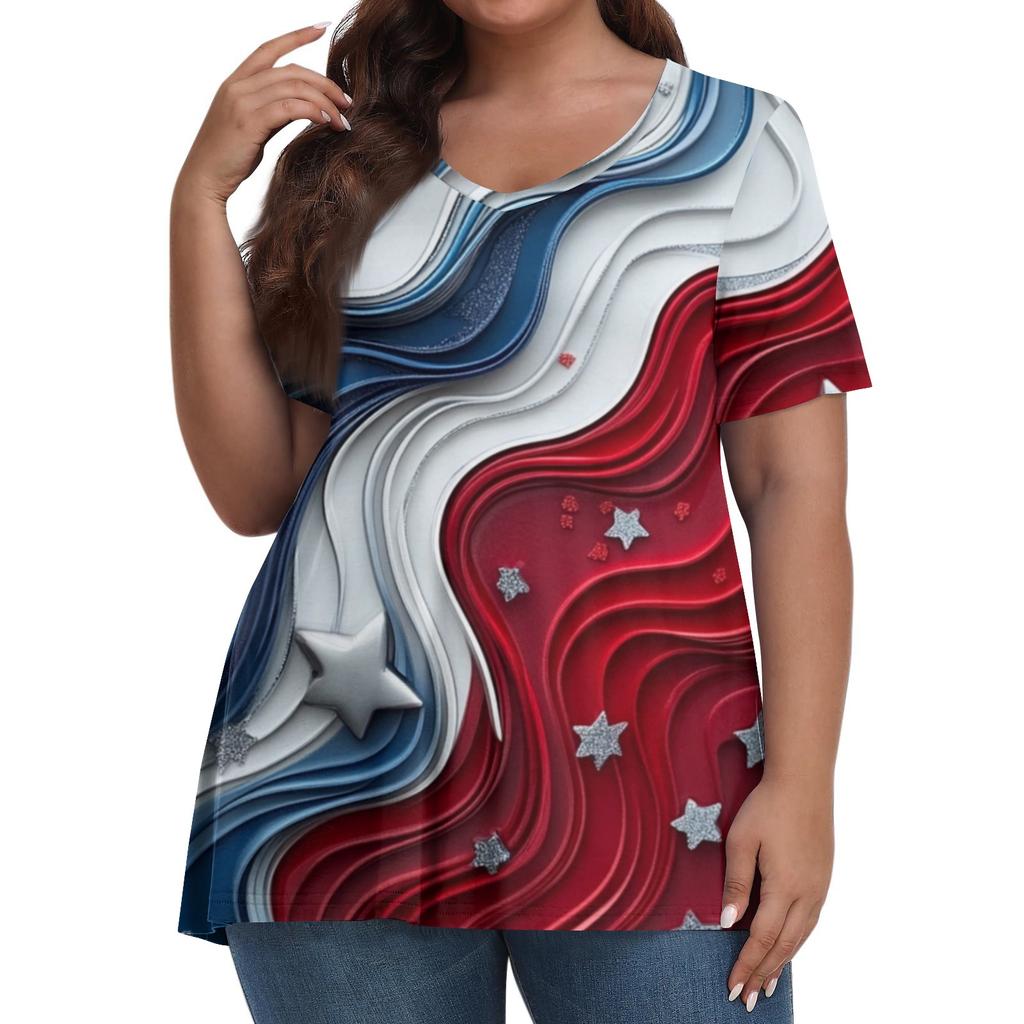 Women's Fashion Casual V-Neck Pullover Short Sleeve Large Size Independence Day Printed T-Shirt Top
