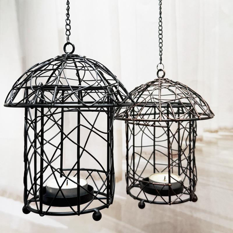 Outdoor Dual-use Wire Birdcage Hanging Basket Candlestick Garden Hanging Basin Decoration Hanging Bird Feeder for Outdoor Gifts