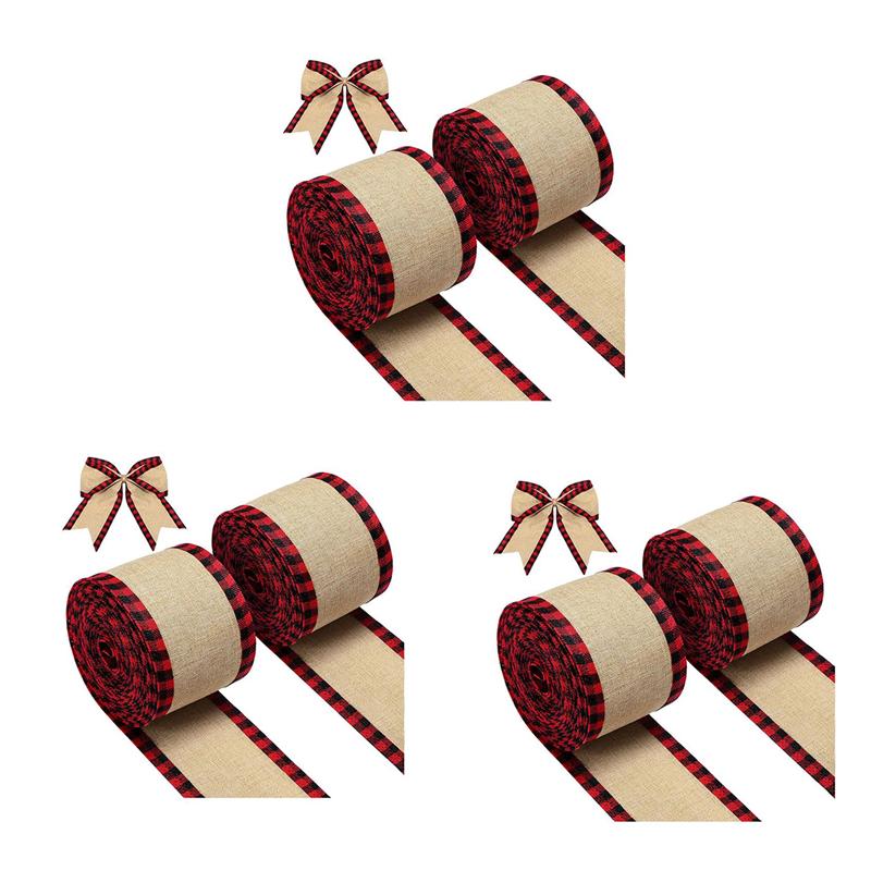 

6X Buffalo Plaid Wired Edge Ribbons Christmas Burlap Fabric Craft Ribbon Wrapping Ribbon Rolls With Checkered Edge Red-B61B L