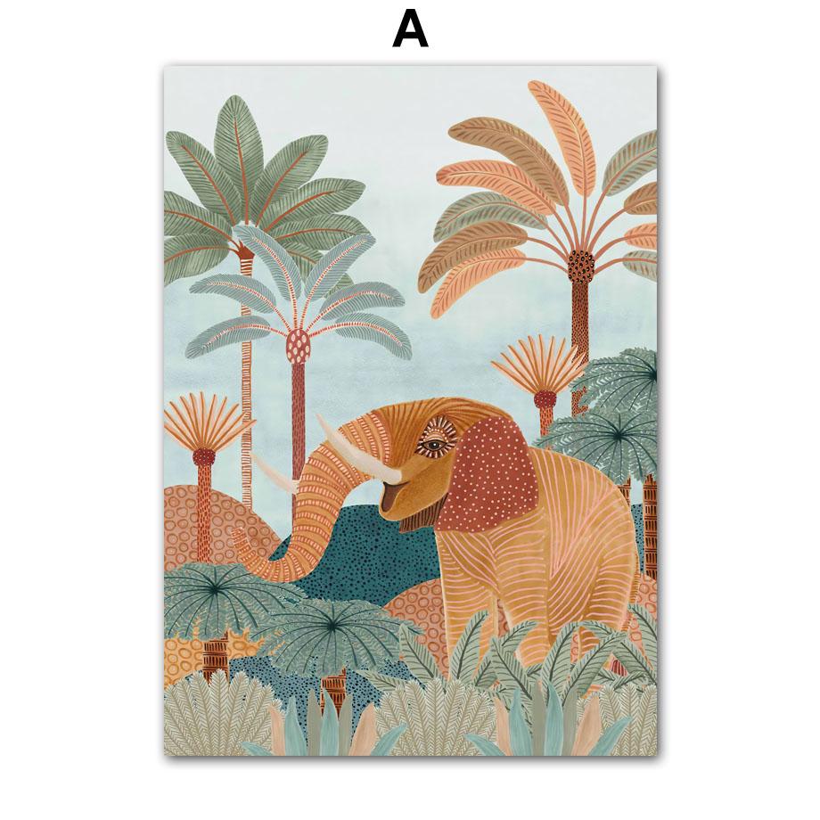 Tropical Jungle Animal Tree Giraffe Elephant Lion Boho Posters And Prints Wall Art Canvas Painting Picture for Living Room Decor
