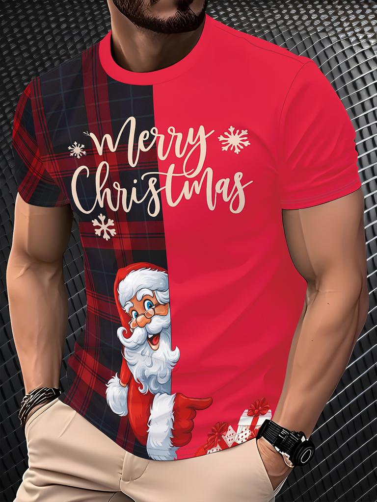 Men'S Christmas T-Shirt - Santa Claus Graphic Tee with Merry Christmas Text - Red & Black Plaid Shirt for Holiday Parties