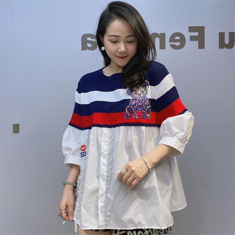 

Летняя женская блузка с коротким рукавом, прикрывающая тело, высококачественная полосатая свободная рубашка большого размера с цветным принтом One Size белый