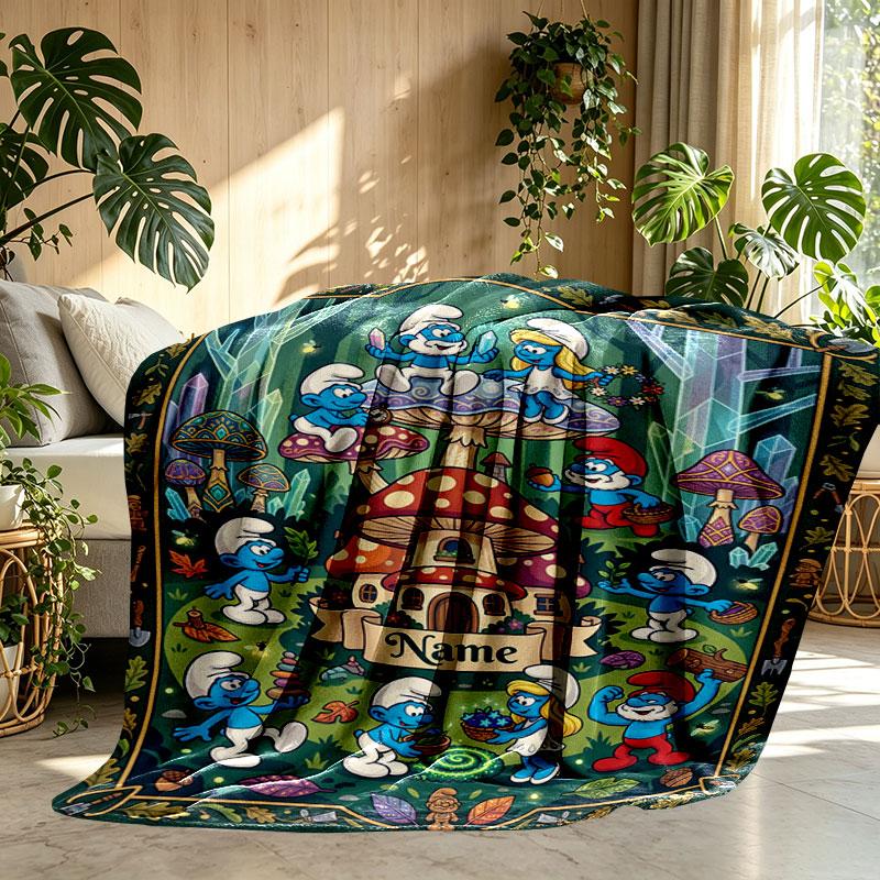 Custom Name Personalized The Smurfs Print Blanket, Home Decor, Bedroom, Sofa, Camping, Couch, Gifts for Birthday Christmas