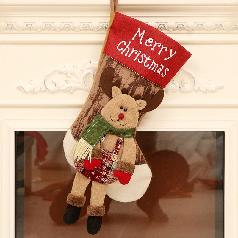 Linen Cloth Christmas Stockings With Santa Claus Snowman Reindeer Pattern For Christmas Decorations