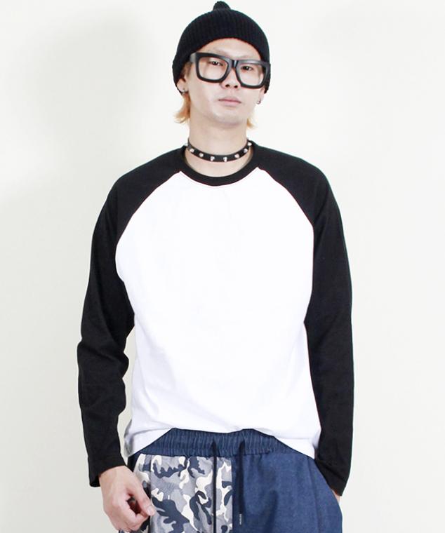 Deumakeu Raglan Color Block Solid Long Sleeve T-Shirt Black & White