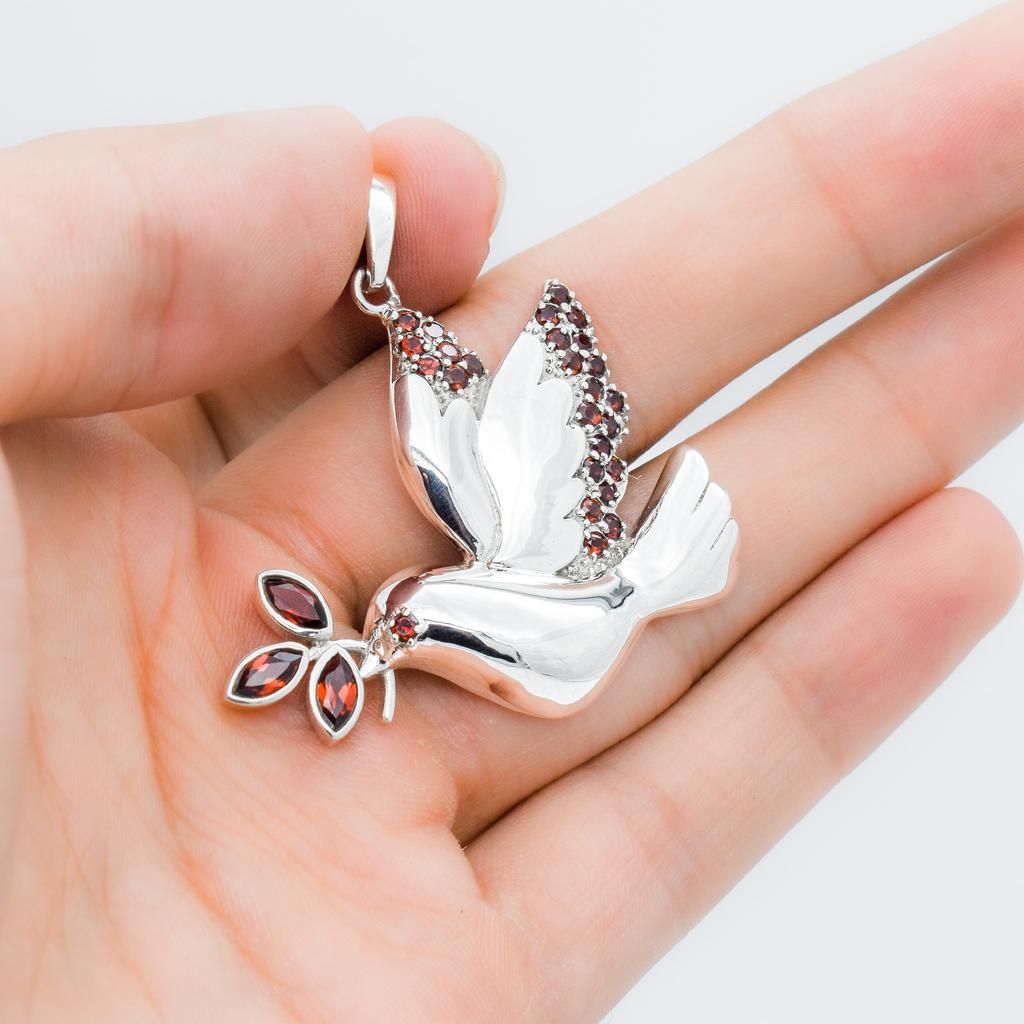 Sterling Silver Dove Pendant Necklace: Garnet Bird Jewelry