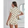 Heart Print Textured Pajama Set Casual Short Sleeve Buttons Lapel Top & Elastic Shorts Women's Sleepwear