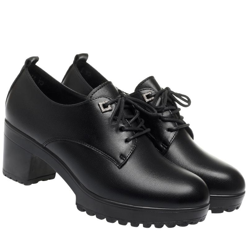 fashion Spring Autumn Lace-up Thick Sole Women Pumps Shoes High Heels Comfortable Breathable Square Heel Solid Soft Leather Shoes