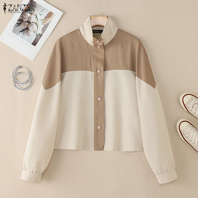 ZANZEA Women Casual Stand Collar Long Sleeve Patchwork Cardigan Blouse