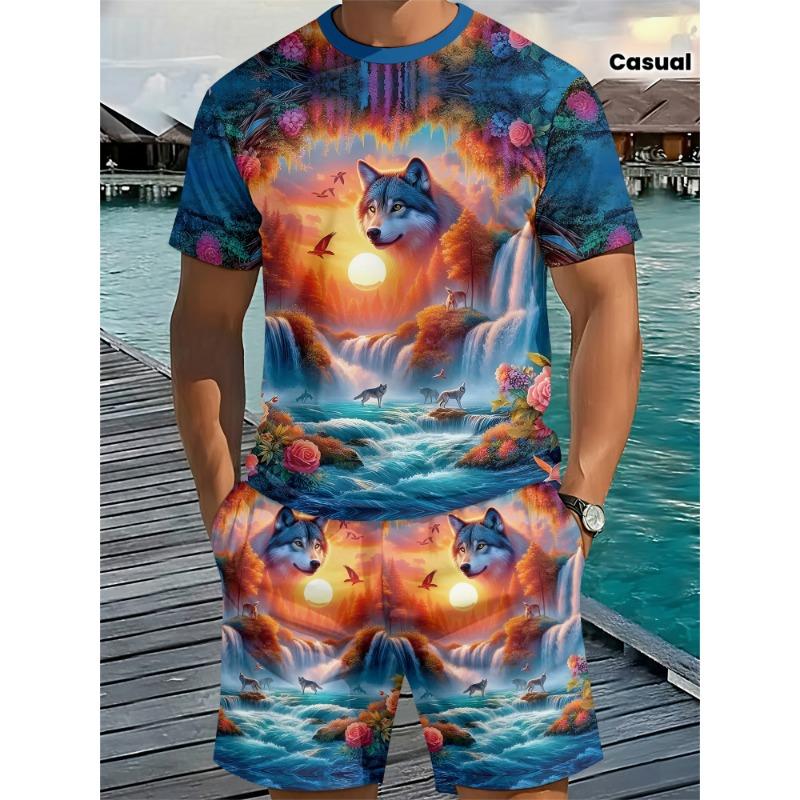 Men s 3D Wolf Print Set: Vibrant Waterfall Sunset Graphic Tee with Matching Shorts. Summer Beach Holiday Streetwear for Vacation Travel S разноцветный