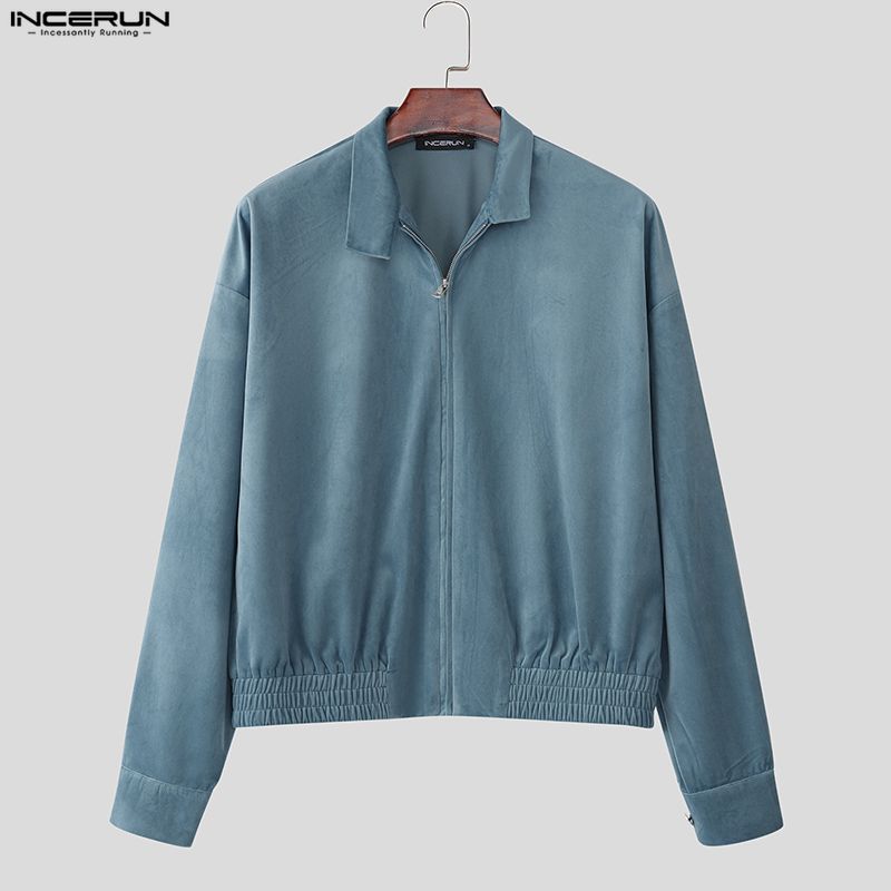 INCERUN Men Lapel Neck Long Sleeve Zip-up Suede Oversized Jackets Coats
