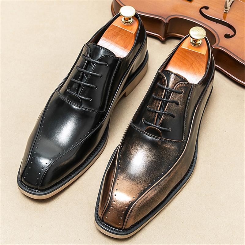 Britain Gentleman Retro Fashion Business Oxfords Men Lace Up Patchwork Patent Leather Formal Shoes Male Wedding Prom Dress Flats
