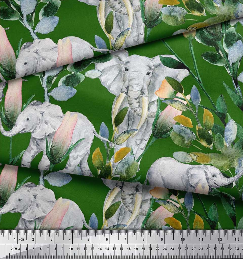 Soimoi Japan Crepe Satin Fabric Leaves,Floral & Elephant Animal Printed Craft Fabric by the metre 42 Inch