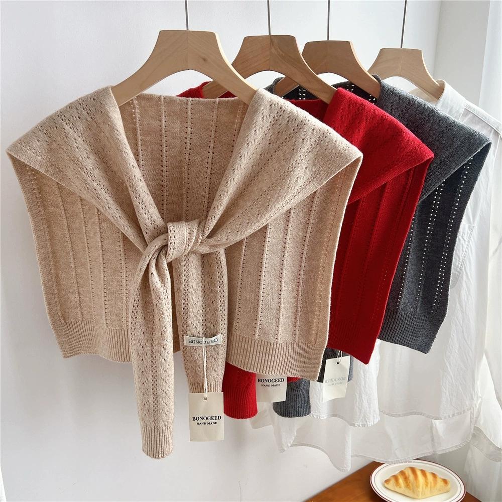 Korean Plain Basic Hollow Out Knitted Warm Shawl Winter Female Blouse Shoulders Fake Collar Cape Knotted Scarf Stripe Outerwear