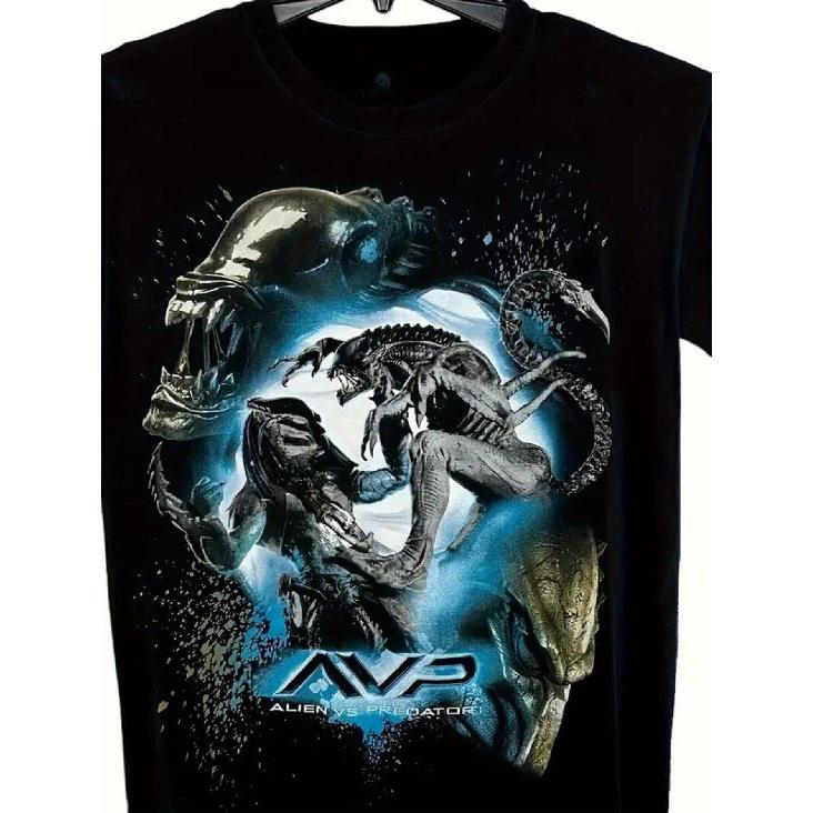 Aliens vs. Predator Graphic T-Shirt - Bold Black Tee Featuring Xenomorph and Predator Designs, High-Quality Print with Vivid Blue and White Accents - S
