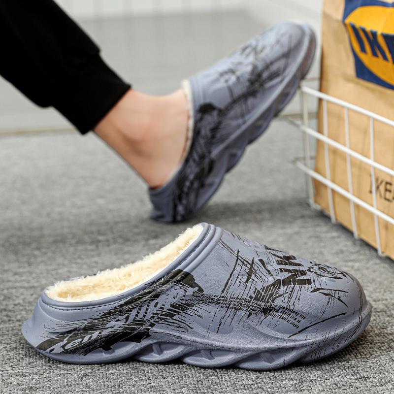 Fashion Slippers Men Winter House Shoes Round Toe Flat Slip-on Fashion Comfortable Elastic Waterproof Non-slip Plus Velvet Keep Warm