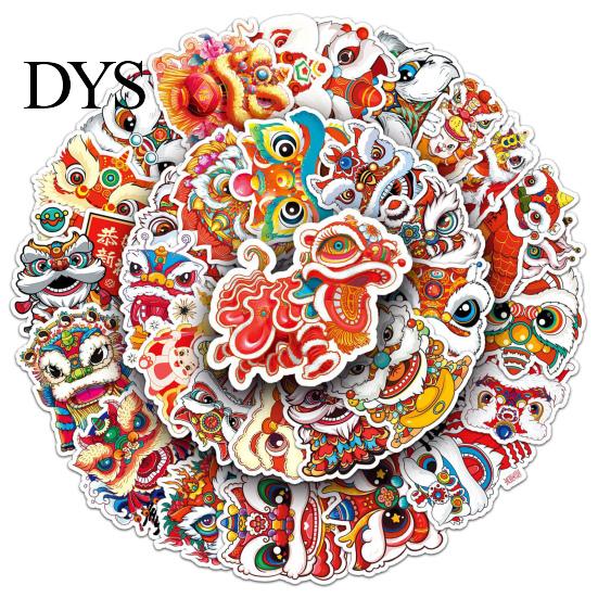 Chinese New Year Home Decor 50Pcs Lion Dance Stickers Traditional Culture Trend Waterproof PVC Sticker for Laptop Suitcase Skateboard