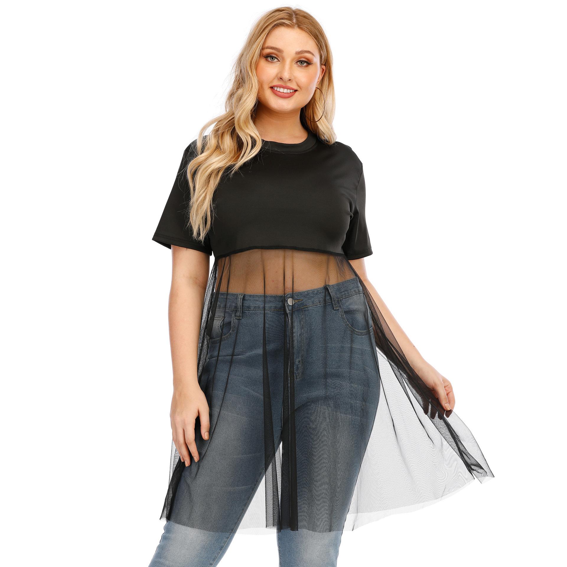 

Летняя женская футболка большого размера, сексуальная прозрачная сетчатая модная футболка с круглым вырезом, топы с короткими рукавами 4XL