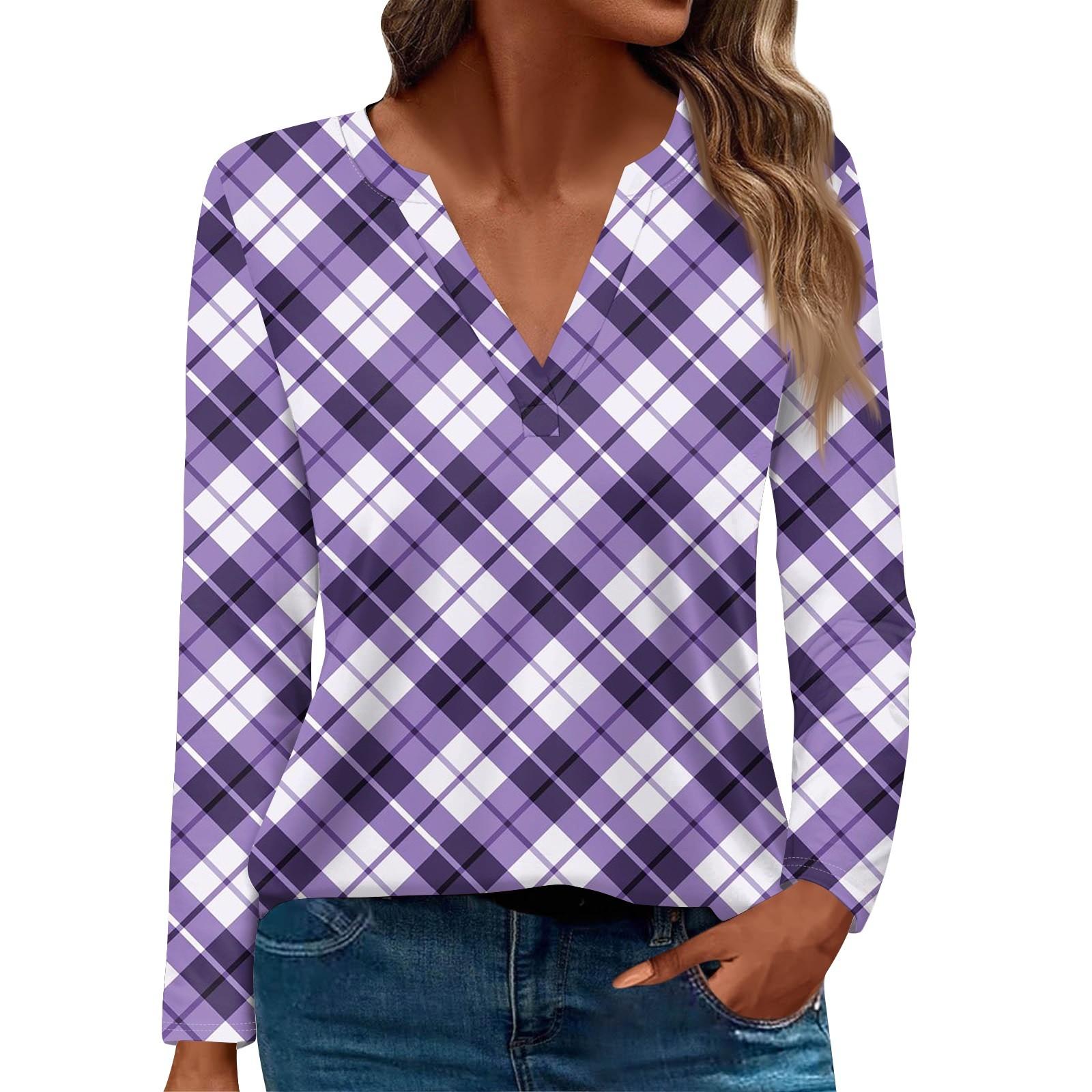 

Женская футболка Футболка с принтом и длинным рукавом Повседневные выходные Мода Базовый топ с V-образным вырезом Обычный топ XL фиолетовый