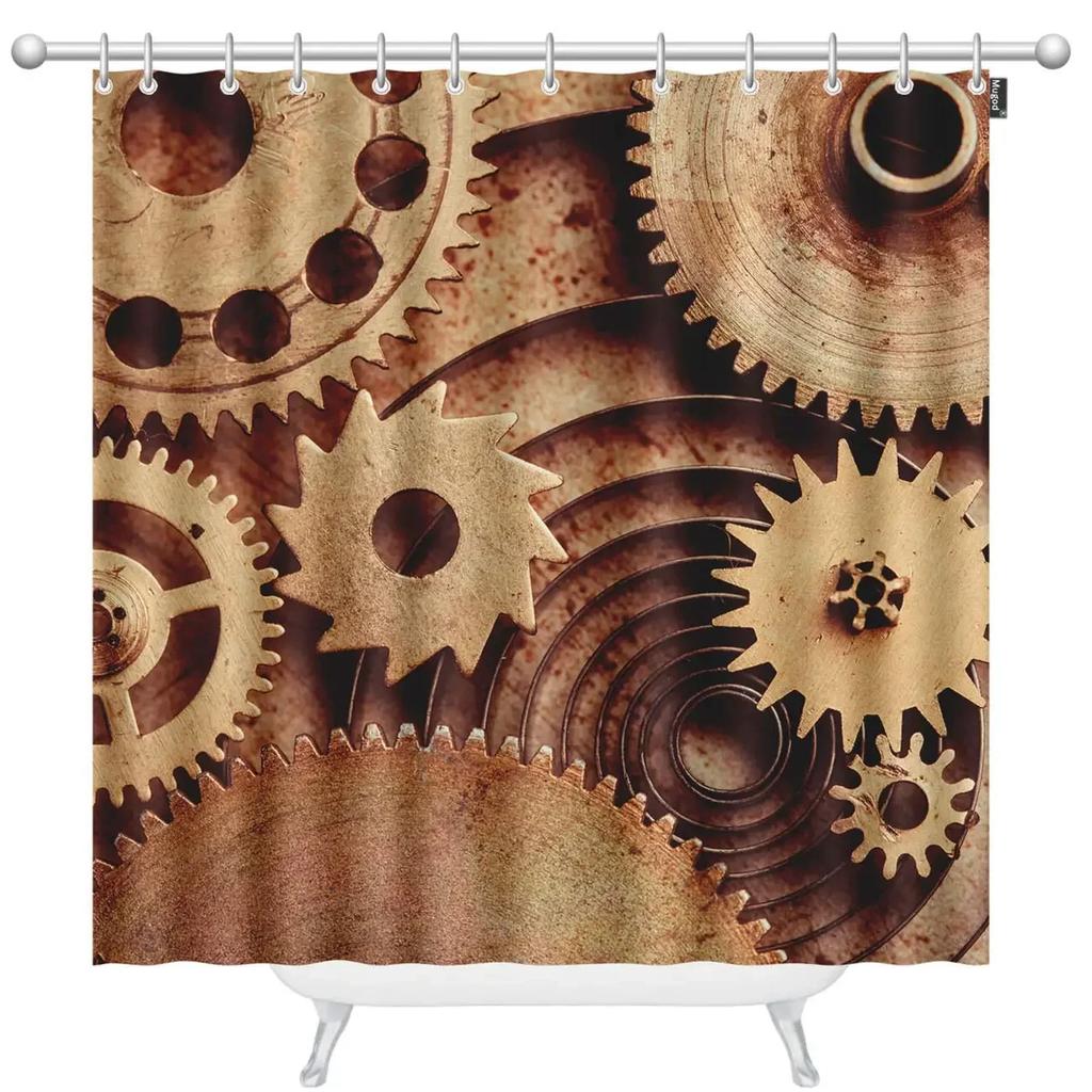 Retro Steampunk Clocks and Gears Shower Curtain Mechanical Clocks Details Over Old Metal Cloth Fabric Bathroom Curtain Set,hooks