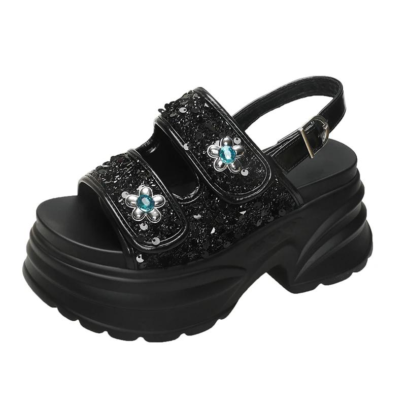 Divatos 8,5 CM Vastag Platform Csillogó Strasszkő Szandál Női Magassarkú Csúszásmentes Papucs Ék Tornacipő Női Strand Nyári Szandál