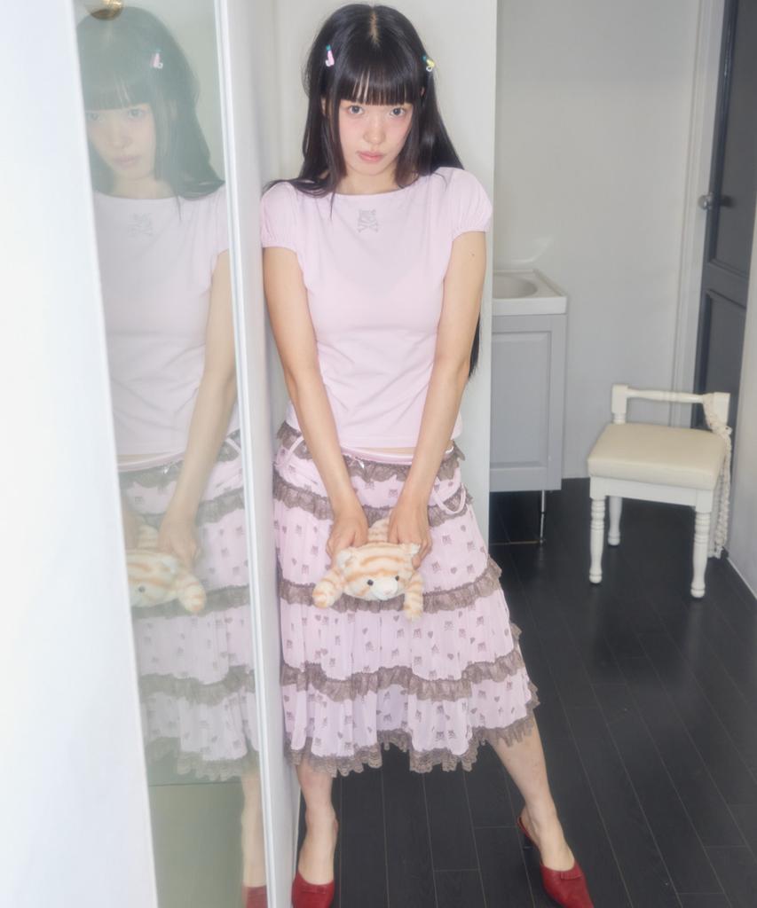 Syakili Skull Tiered Mini Chiffon Dress (Pink)