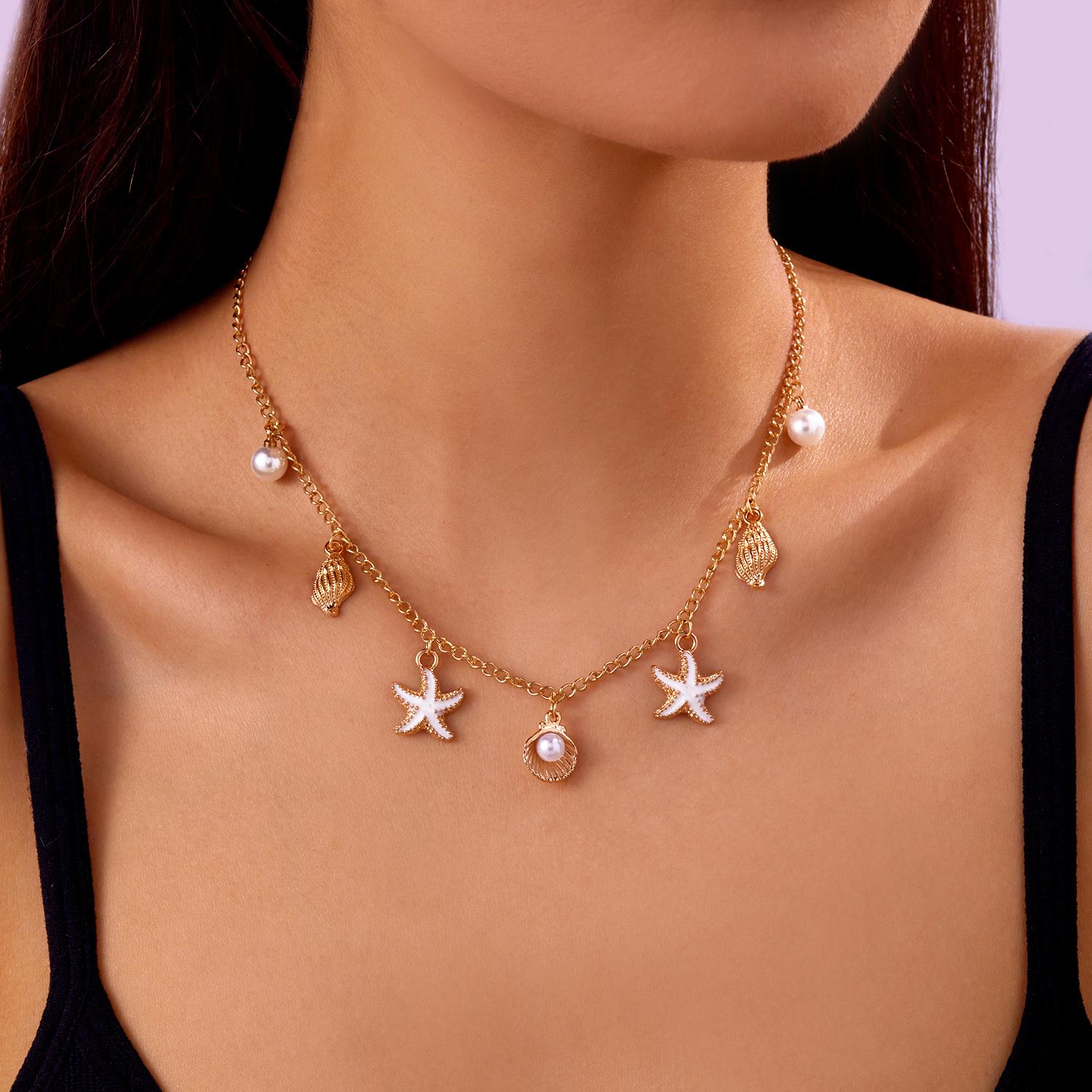 Handmade Imitation Pearl Shell Starfish Link Chain Necklace for Women Bohemian Starfish Conch Pendant Necklace Holiday Jewelry