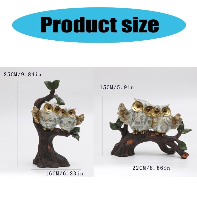 Dollar Print Owl Perching On Tree Branch Sculpture Figurine Water Transfer Handmade Resins Desktop Ornament Home Decors