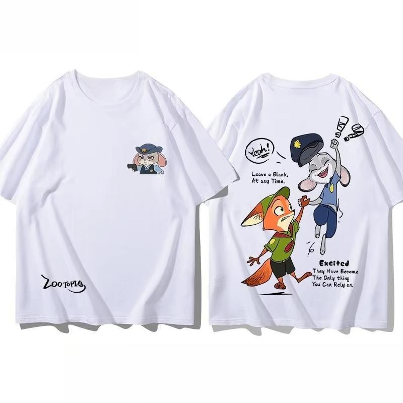 2025 Новый   Сумасшедший Мультфильм Зверополис Периферия Короткий Рукав Хлопковая Футболка для Женщин Ник Джуди Одежда для Пары Универсальный Тренд S