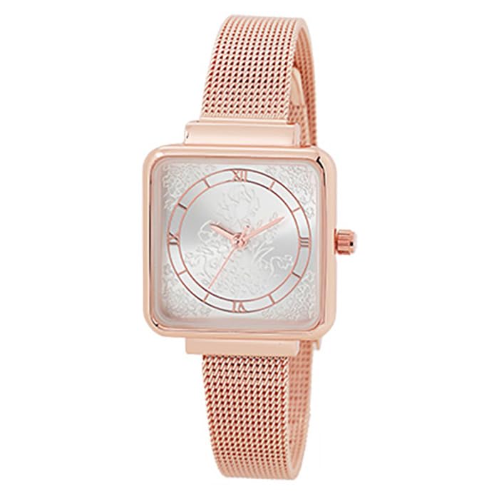 Flower Motif Square Mesh Belt Floral Sunray Stainless Steel Roman Office Pink Gold J-AXIS Watch, Watch, Pattern, Belt, Numerals, Feminine, Casual,