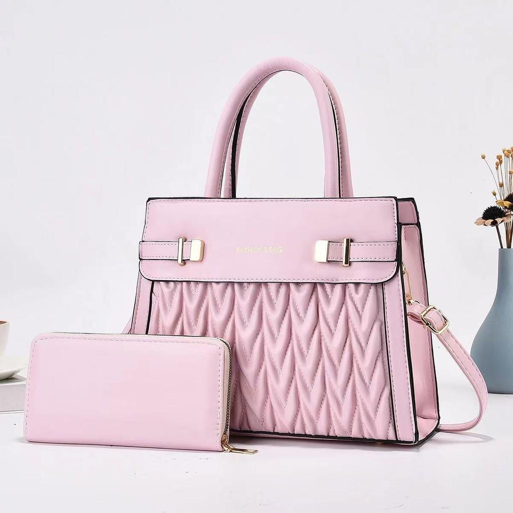 Fashionable Solid Color Letter Print Pleated Design Handbag With Wallet For Women