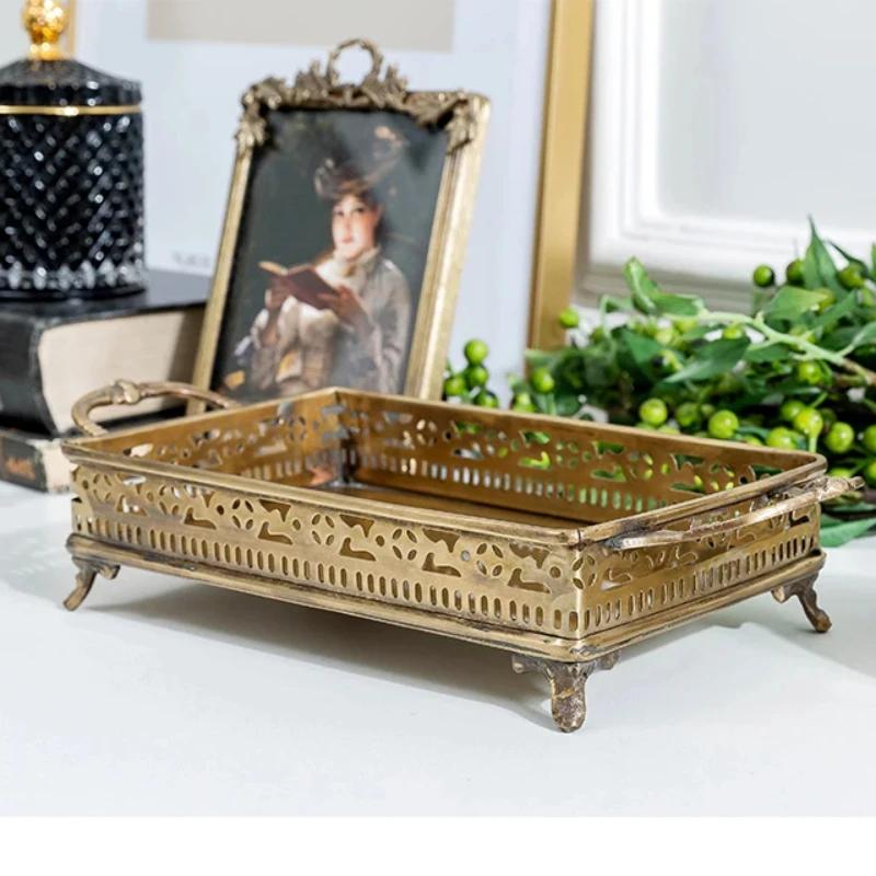 Large Fruit Dish Antique Tea Tray Brass Jewelry Display Plate with Handle Cosmetic Holder