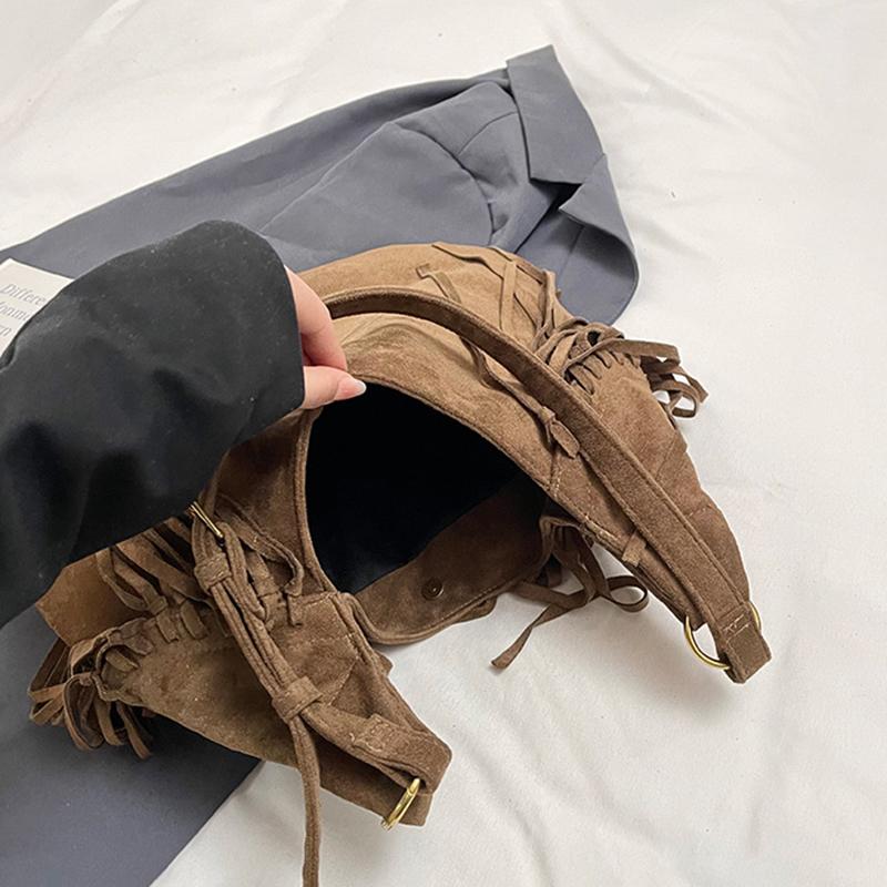 Large Capacity Frosted Tassel Shoulder Bag Faux Suede Fringe Underarm Bag Travel Tote Handbag Female Shopping Bag