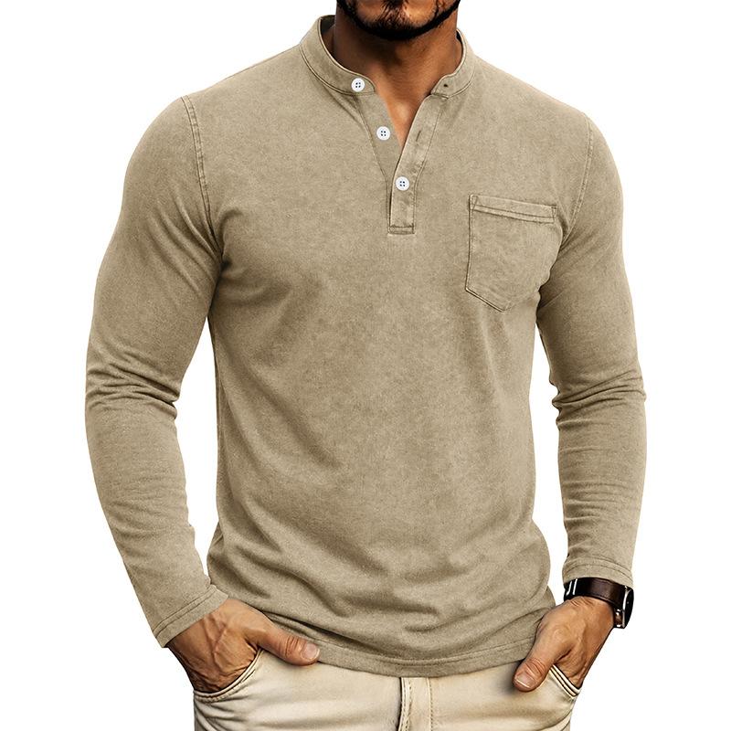 Men S Vintage Washed Long Sleeve Stand Collar Henley Shirt