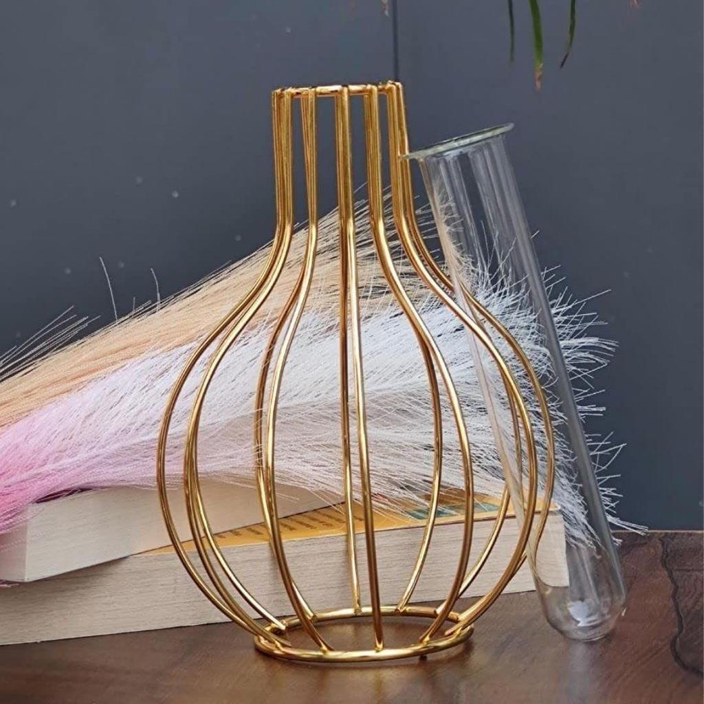 1 Pcs Metal Vase for Home Decor, Living Room, Bedroom, Office, Table Centerpiece | Propagation Station with Metal Frame Test Tube Glass Items