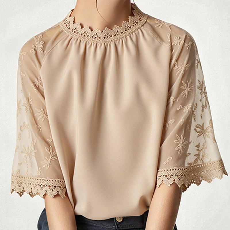 

ZANZEA Женская повседневная блузка с круглым вырезом, кружевной вставкой и рукавом 3/4 свободного кроя S хаки