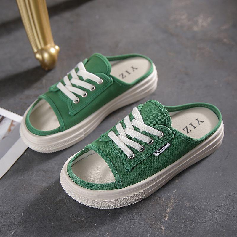 Internet Celebrity Canvas Half Slippers Women Wear Ins Tide 2025 Summer New Fashion Versatile One-word Drag Thick Bottom Cool Slippers