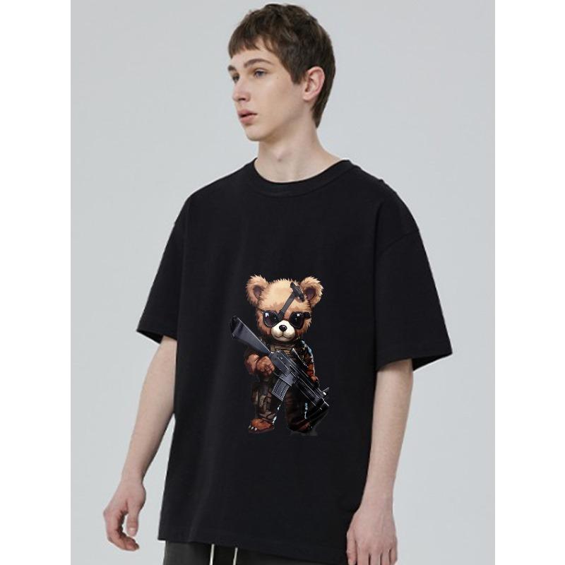 Cute Bear Soldier Graphic T-Shirt Black Animal Warrior Print for Casual Wear and Gaming Fans