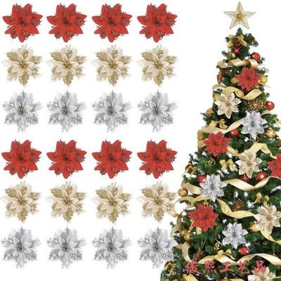 Gold Sparkle Christmas Floral Ornament Set: Three-Layer Simulation Flowers for Tree, Wreaths & Holiday Gifts