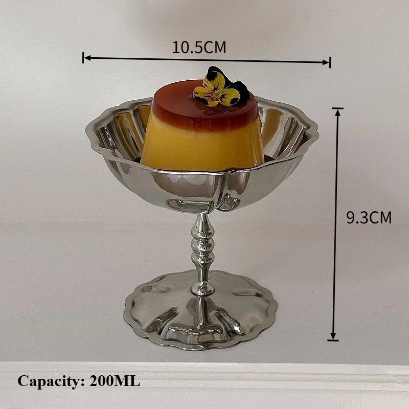 Retro Stemmed Dessert Cup Stainless Steel Dessert Plate Cake Tray Ice Cream Pudding and Milk Jelly Bowl Tall Cup Cute Plates