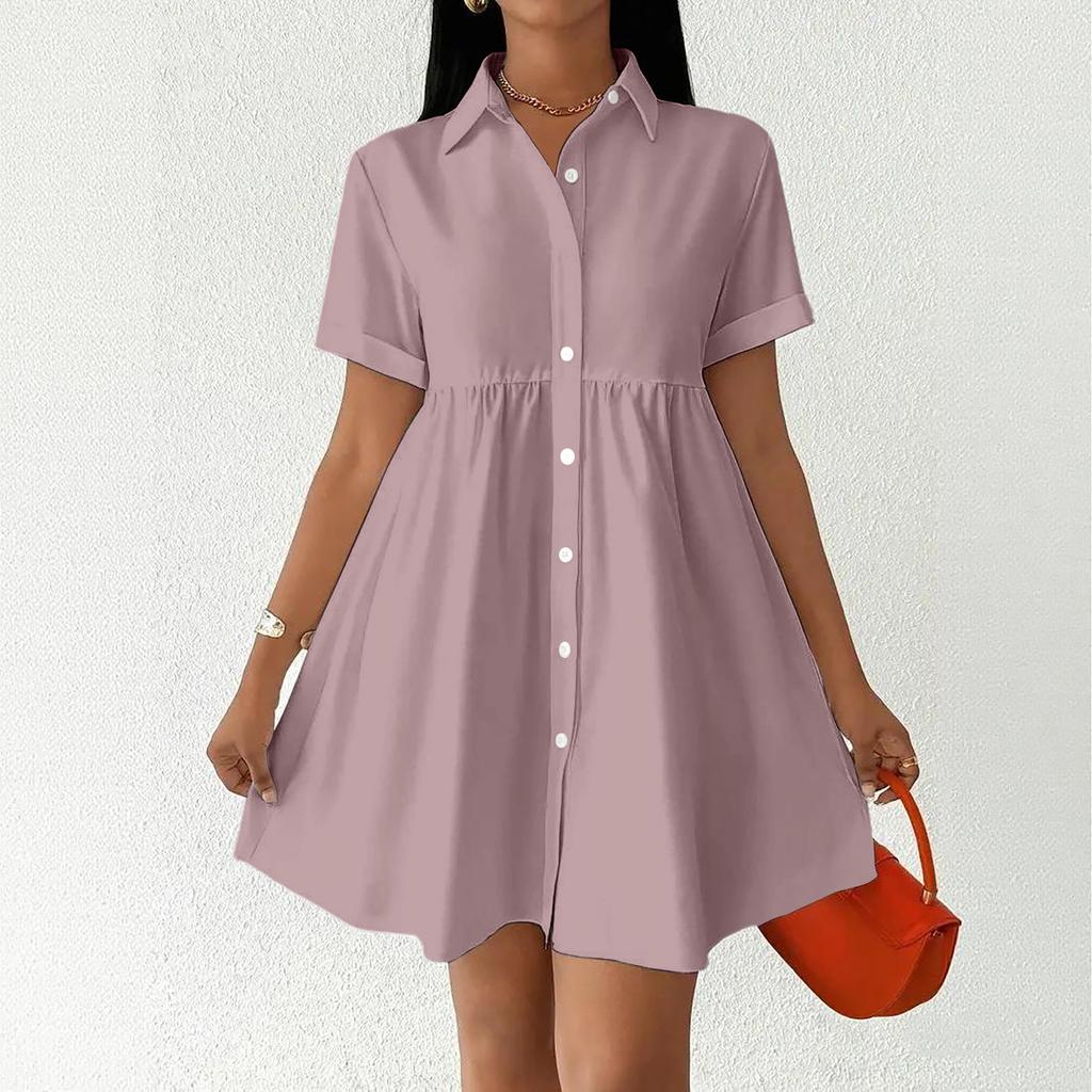 Women Short Sleeve Shirt Dress Button Down Collared Loose Fit Casual Mini Dress with Pockets Summer Style