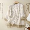 Women's Embroidered Linen Cotton Blend Blouse 3/4 Sleeve Mandarin Collar Casual Button Down Shirt