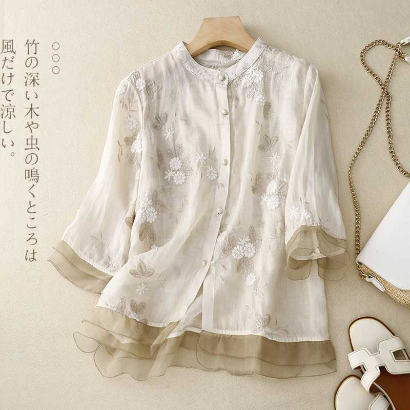 women s Embroidered Linen Cotton Blend Blouse 3/4 Sleeve Mandarin Collar Casual Button Down Shirt M