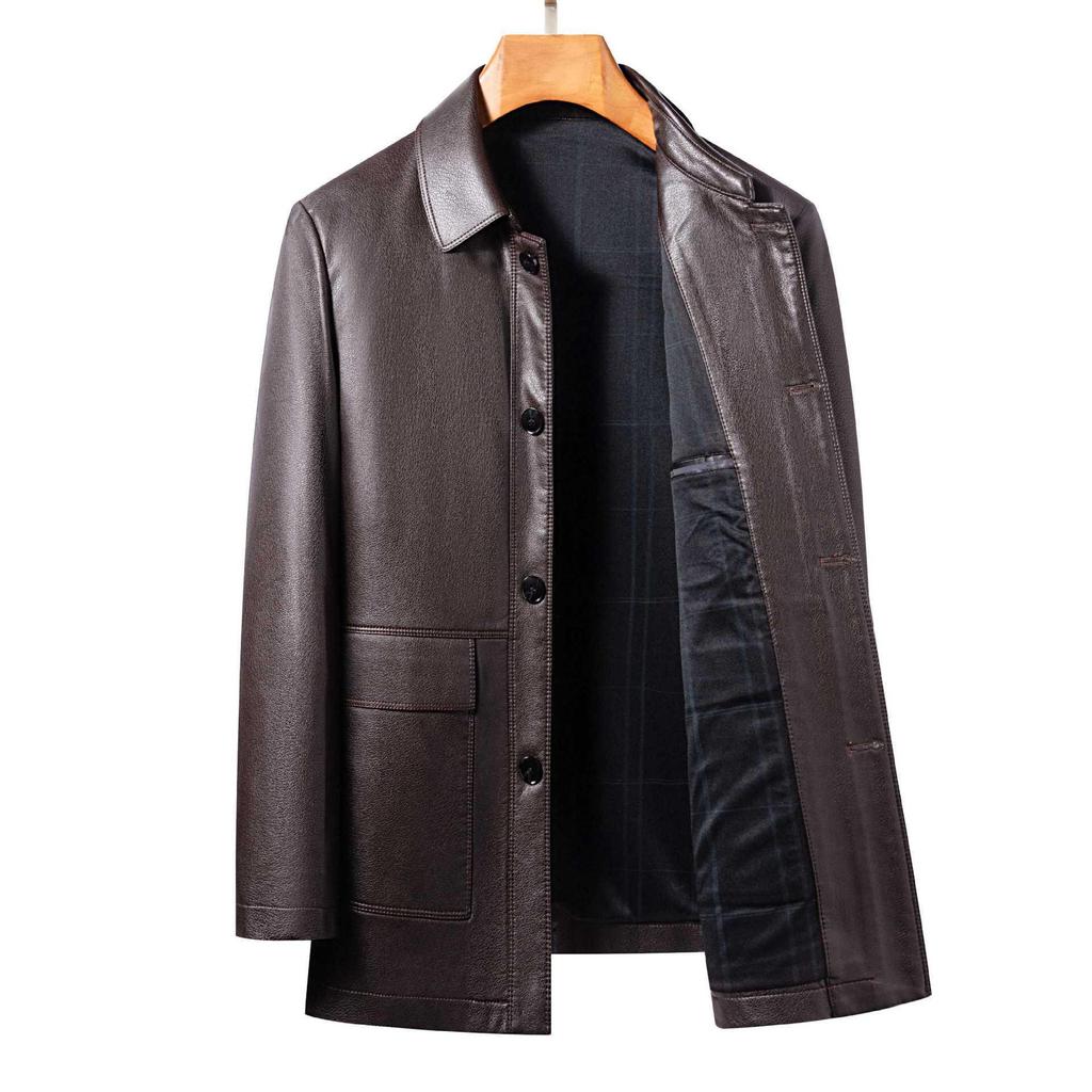 Men's Casual Sheepskin Leather Jacket: Turn-Down Collar, Ideal for Spring/Autumn, Perfect for Middle-Aged and Elderly.