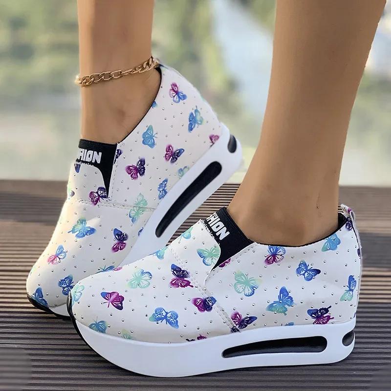 Fashion Fashion Butterfly Print Platform Sneakers Women Lightweight Slip On Walking Shoes Woman Thick Sole Non Slip Casual Sports Shoes