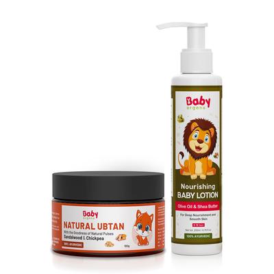 BabyOrgano® Ayurvedic Baby Skin Care Routine Combo | Natural Ubtan Powder & Baby Lotion | Chemical-Free, Nourishing | Safe for Delicate Skin