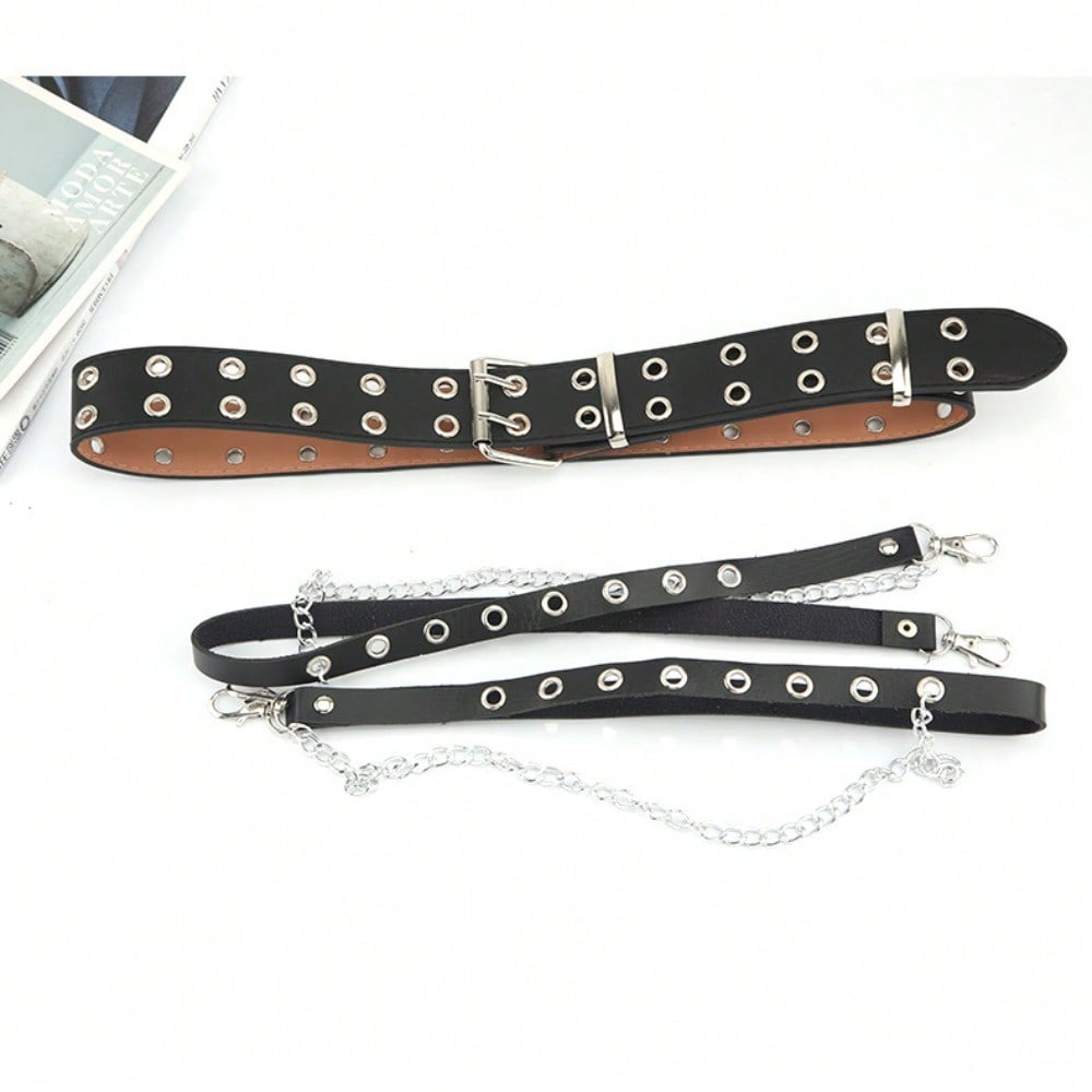 Punk Style Double Row Buttonhole Belt Decorative Belt Chain Strap Belt