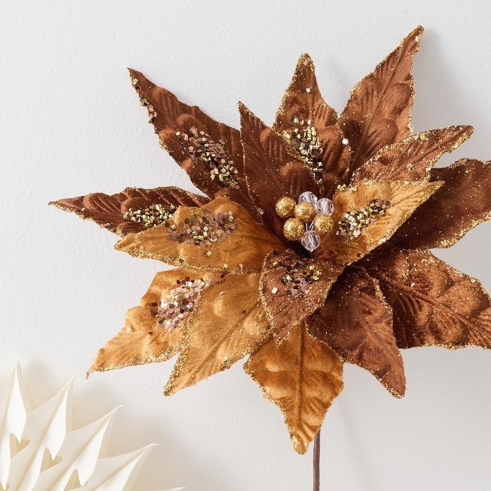 Flannel Fabric Christmas Artificial Flowers Glitter 32cm Glitter Fake Flower DIY Plastic Glitter Poinsettia Christmas Decor