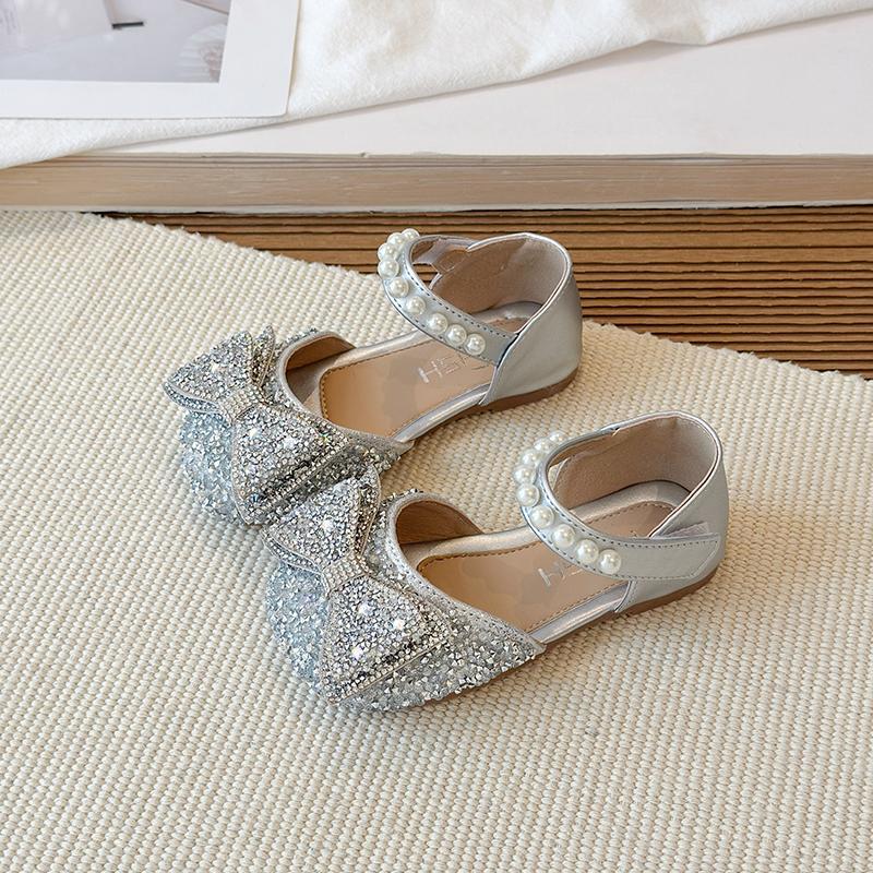 Girls' Leather Shoes New Rhinestone Single Shoes Fashionable Girls' Bow Princess Shoes Children's Toe Cap Crystal Sandals
