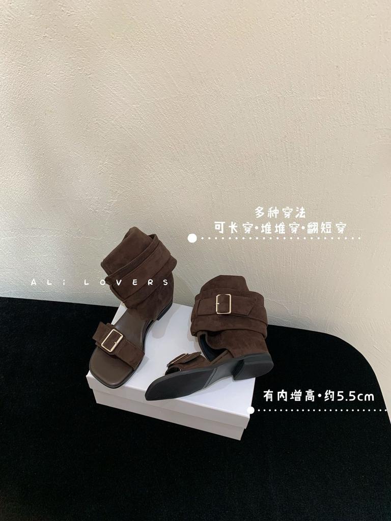 Simple Design One-word Buckle Cool Slippers Women's 2025 Summer New Outer Wear Skirt Folds Inner Middle Heel Cool Boots